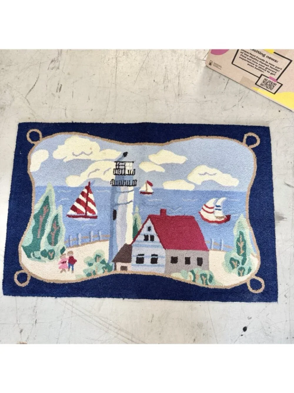 Vintage 100% Wool Hooked Lighthouse Area Rug 24x36 Nautical Coastal Sailboats